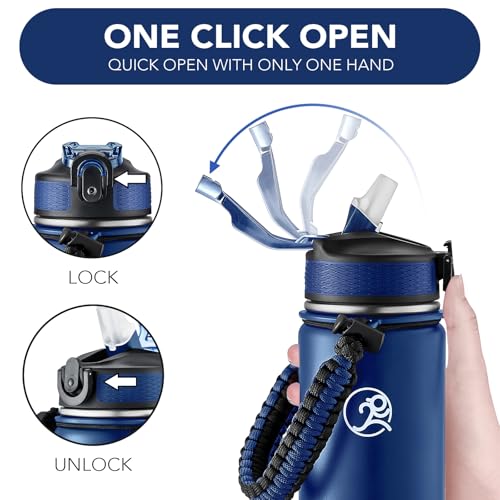 GOSWAG 24oz Insulated Stainless Steel Travel Water Bottle, 2 Lids | with straw and no straw, Paracord handle, Double-wall vacuum keeps drinks cold or hot, Leakproof tumbler - color: Matte Navy Blue