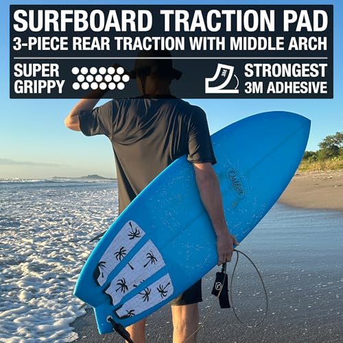 Ho Stevie! Premium Surfboard Traction Pad - Foot Won't Slip - 3 Piece, Full Size, Maximum Grip, Strongest 3M Adhesive - color: White with Black Palm Trees
