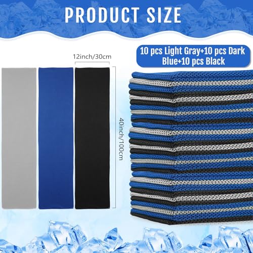 Hosuly 30 Pack Cooling Towels, 40"x12" Ice Breathable Soft Chilly Sweat Rag Microfiber Workout Rags for Gym Cooling Towels for Neck and Face for Yoga Golf Sport Running - color: Black, Dark Blue, Light Gray