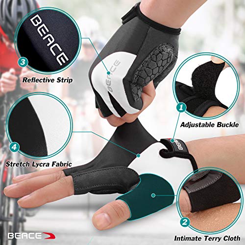 BEACE Gloves for Cycling Bike Biking Half Finger Road Bicycle for Men and Women-5MM Breathable Anti-Slip Shock-Absorbing Pad Gym Motorcycle Light Weight Mountain Bike Gloves - color: Black+White, size: X-Large