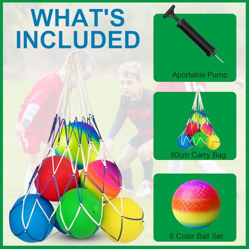 8.5 Inch Playground Balls Dodgeballs for Kids & Adults, Pack of 6 – Inflatable Colorful Rubber Kickball with Ball Pump and Net Bag