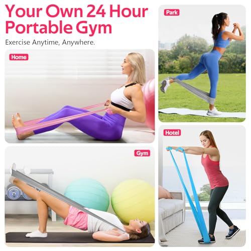 Resistance Bands for Working Out, Exercise Bands for Physical Therapy, Stretch, Recovery, Pilates, Rehab, Strength Training and Yoga Starter Set - color: Blue, Pink, Grey, size: 4.9FT