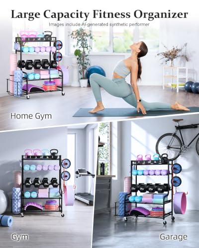 Mythinglogic Home Gym Storage Rack with Wheels for Dumbbells and Yoga Mats | Versatile storage with shelves, hooks and side holders for kettlebells, foam rollers, bands, weight plates and gym gear - color: New Black