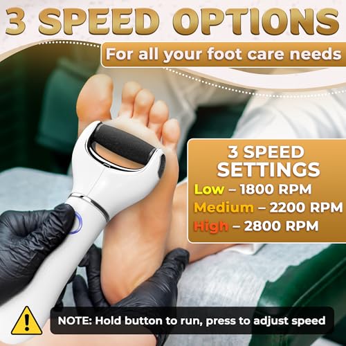 Electric Foot File Callus Remover for Feet, 3-Speed, 2 Rollers | Foot Scrubber Electric, 1800/2200/2800 RPM, 80 & 60 Grit Rollers & Cleaning Brush, LED Indicator for Cracked Heels & Dry Skin - color: White Callus Remover