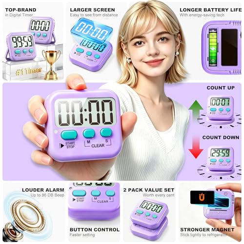 Antonki 2 Pack Digital Timer for Kids, Magnetic Countdown Kitchen Timers for Cooking, Egg, Classroom, Teacher, Exercise, Study, Oven - Battery Included - color: Fresh Purple