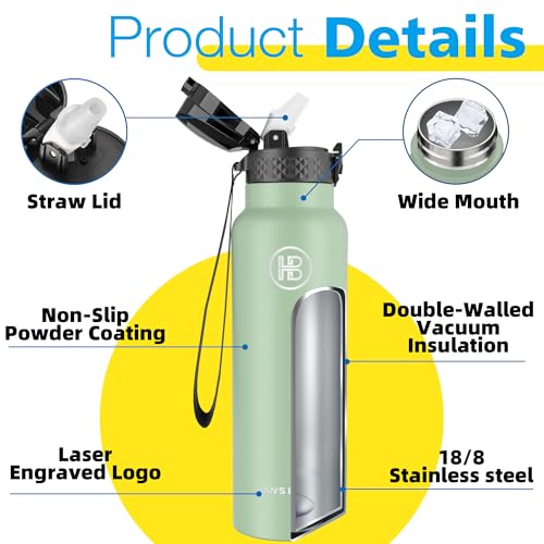 Han's Bottle Sports Water Bottle - 24 Oz, Straw Lid, Leak Proof, Vacuum Insulated Stainless Steel, Double Walled, Thermo Mug,Pine Green - color: Pine Green, size: 24 Ounces