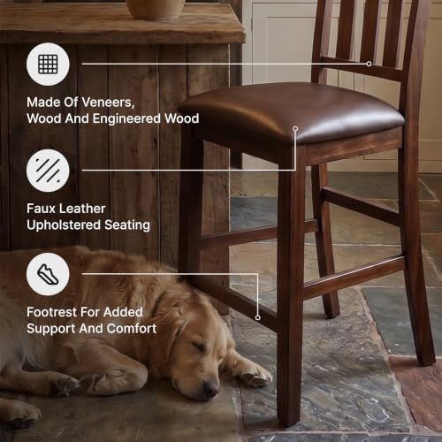 Signature Design by Ashley Haddigan Upholstered Barstool, 2 Count, Slat Back Design, Cushioned Seat, Wood, 25.5" H, Dark Brown | Easy-clean faux leather cushioned seat, Casual farmhouse wood slat back design, 25.6-inch seat height for kitchen islands - co