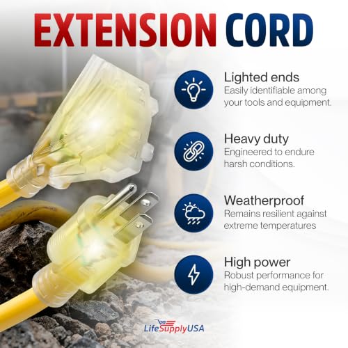 25ft Outdoor/Indoor Extension Cord 3-Outlet 12/3 Gauge Extra Heavy Duty 3 Prong SJTW, Waterproof, Flexible Cold-Resistant Long Power Cord,15A 125V 1875W, Yellow by LifeSupplyUSA - color: Yellow, size: 25FT