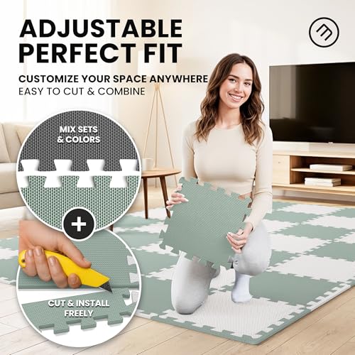 bemaxx Gym Mats Set - 18 pcs EVA Interlocking Foam Floor Tiles (12.6"x12.6"x0.4") 18sqft Protective Gym Flooring Sports Home Workout Exercise Mats Puzzle Garage Fitness Play-Room Pool Treadmill Bike - color: Sage Grey Duo, size: 18 Tiles | 18 sq ft