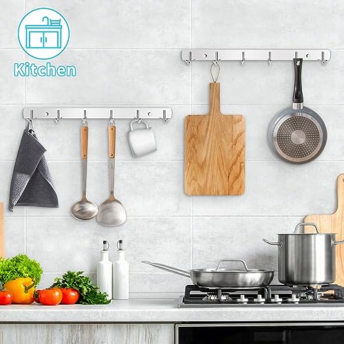 Coat Rack Wall Mount, 2Pack 6 Hooks Stainless Steel Towel Hooks | Easy-to-install 6-hook wall-mounted hooks suitable for bathrooms, kitchens and garages