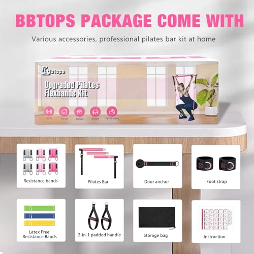 Bbtops Pilates Bar Kit with Resistance Bands,Pilates Bar with Stackable Bands Workout Equipment for Legs,Hip,Waist and Arm,Exercise Fitness Equipment for Women & Men Home Gym Yoga Pilates - color: Baby Pink