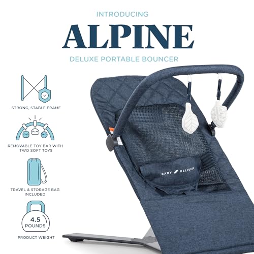 Baby Delight Alpine Deluxe Portable Bouncer, Infant, 0 – 6 Months, Quilted Indigo - color: Quilted Indigo