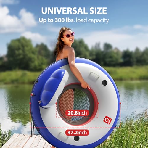QPAU Inflatable River Tube, 0.4 mm Thickened Puncture-Resistant Heavy Duty River Float, River Raft with Ergonomic Backrest, Mesh Bottom & 2 Cup Holders for Adults and Friends Lake Float - color: D-Orange&Blue