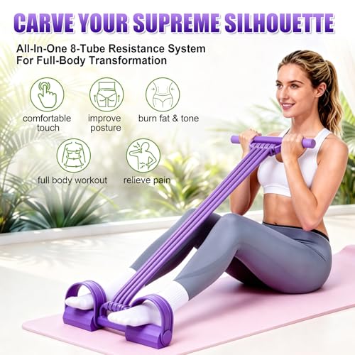 Multifunction Foot Pedal Resistance Bands with Handles, 3 in 1 Tension Rope Elastic Fitness Band for Home Workout, Yoga,Stretching, Full Body Exercise for Abs, Core, Waist, Arm, Leg - color: Purple