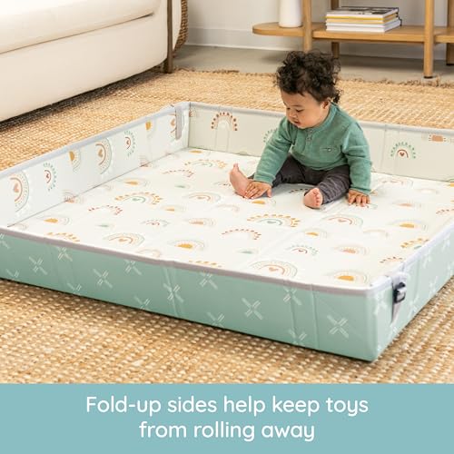 Infantino Foldable Foam Play Mat Reversible 57x57 in, Rainbows | Reversible design with two sides to play, Lightweight & portable, Water-resistant & wipeable, Folds flat for easy storage - style: Rainbows