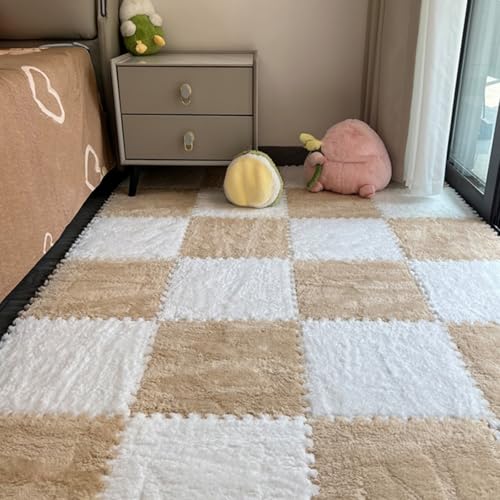 12Pcs Plush Foam Floor Mat,Plush Interlocking Carpet Tiles,Anti-Slip Square Puzzle Floor Mat,EVA Foam Area Rugs for Bedroom Playroom (White + Beige) - color: White + Beige