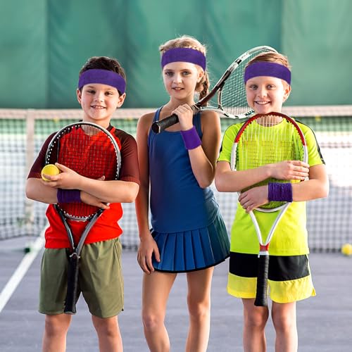 Bememo 6 Pcs Neon Sports Sweatbands Set Sports Competitions Sweatbands 2 Headband 4 Wristbands Breathable Terry Cloth Athletic Bands for Team Soccer Spirit 80s Costumes Cosplay - color: Purple