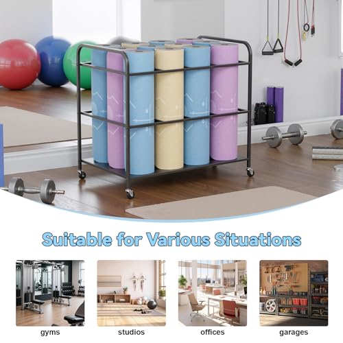 Yoga Mat Storage Rack Basket with Wheels, Home Gym Storages Rack with Wheels Workout Equipment Storage Cart, Exercise & Fitness Organizer Black