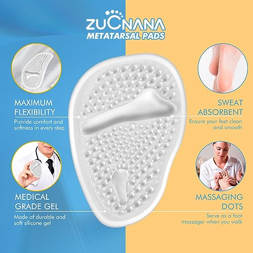 ZUCNANA Metatarsal Pads for Women - Soft Gel High Heel Insoles, 4 Pairs, Non-Slip Design, Instant Foot Pain Relief, Self-Sticking Back, Fits All Feet Sizes - color: Transparent