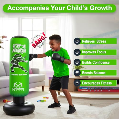Marwan Sports Ninja Kids Punching Bag — Inflatable Sensory Toy & Birthday Gift for Boys & Girls Ages 4-12, 63" Freestanding 5-in-1 Kit, Indoor Apartment-Quiet Sensory-Friendly Active Play - color: Green