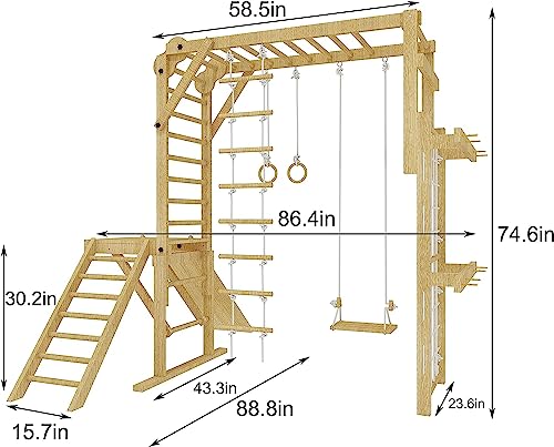 Avenlur Grove 9-in-1 Indoor Jungle Gym Playground: Montessori Waldorf Style Wood PlaySet for Kids, and Toddlers Features Monkey Bars, Rope Wall Net, Ladder, Climber, Slide, Ring Set. Ages 2-11yrs - color: Colorful