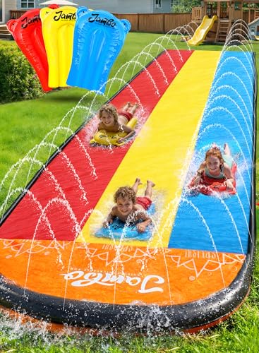JAMBO Premium Triple Water Slide and 3 Bodyboards, 16Ft Heavy Duty Slip Splash and Slides-Advanced 3-Way Sprinkler System, Splash Pad Mat Backyard Summer Outdoor Water Toys n Long Slides for Kids - color: 16' Multicolor