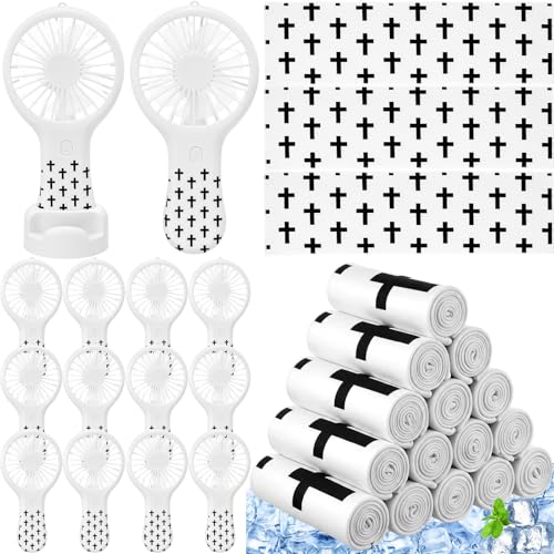 Woanger 24 Pcs Cross Cooling Towels Bulk and Mini Church Handheld Fans Set 3 Speeds USB Portable Fans with Cross Print Cooling Towels for Sports Team Games Party Favors Summer Gifts - style: Cross
