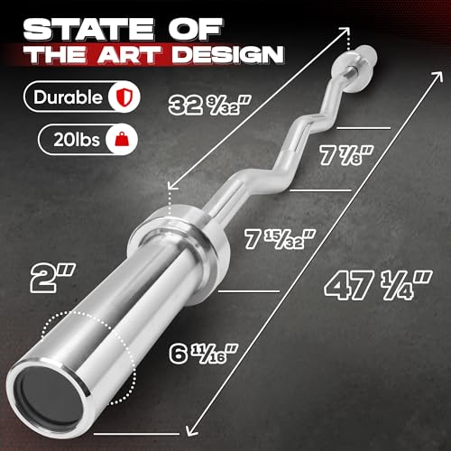 Yes4All Standard Straight Barbell 60" & EZ Curl Bar 47", Capacity 200 to 480 LB, Weight Bar 1" to 2" Diameter - Star Lock Collars, Rubber Ring, Barbell Spins Included for Deadlifts & Squats - color: E: Olympic Curl Bar 2" - 200LB, style: C. Olympic Curl B