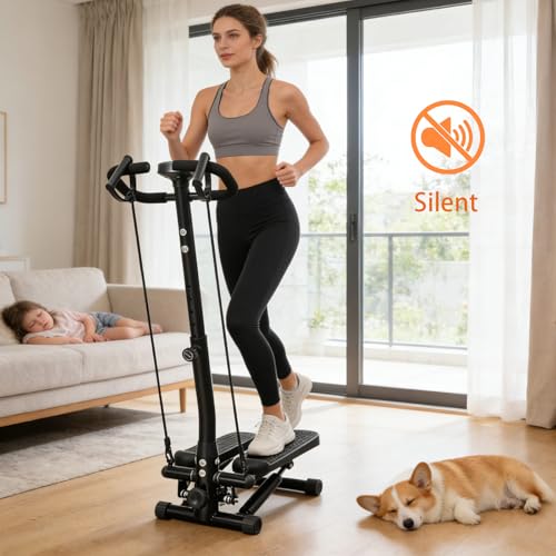 BeBecome Steppers for Exercise at Home, Twist Stair Stepper with Handlebar, Low Impact Fitness Step Machine with LCD Monitor, with Tension Band,Quiet Hydraulic Cardio Trainer for Indoor Workouts