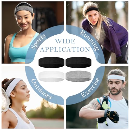 4 Pack Cotton Terry Sweat Headbands for Men Women Running Gym | 4 pack soft cotton terry headbands, Stretch 7 to 15 inches, Sweat-wicking, stays put for running, tennis, basketball & yoga - color: Black/Gray/White