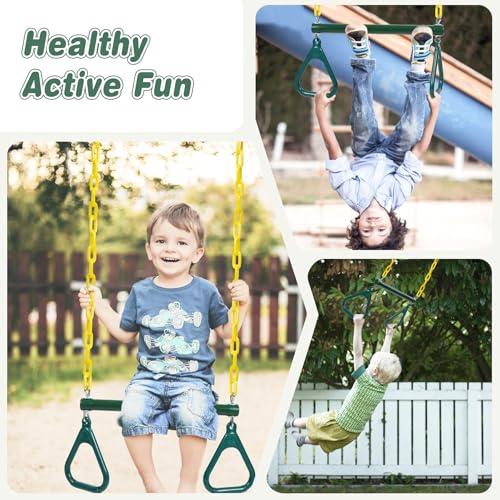 RedSwing Trapeze Swing Bar with Triangular Gymnastic Rings, Kids Swingset Heavy Duty Coated Chains with Carabiners, Outdoor Swing Play Playground Accessories, Green and Yellow - color: Green Yellow