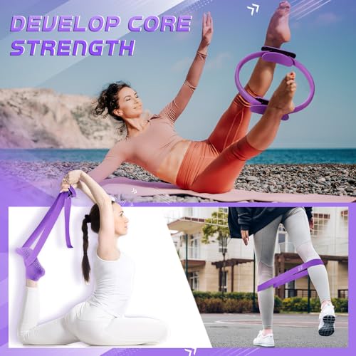 Poen 18 Pcs Home Pilates Ball and Ring Circle Set Yoga Fitness Essentials Kit with 5 Resistance Band Stretching Strap Non Slip Sock Ball Core Slider Wristband Headband Gym Bag for Women - color: Purple