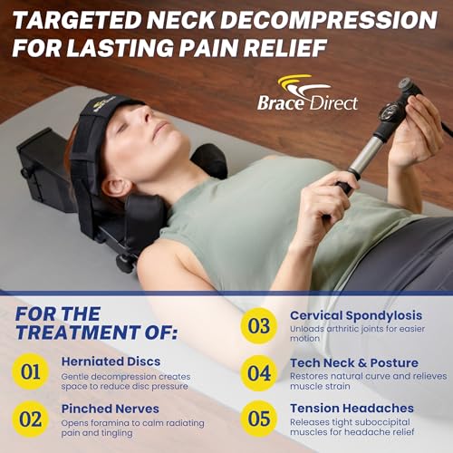 Brace Direct Cervical Traction Device - Spinal Decompression & Neck Pain Relief, Herniated Disc & Spondylosis Support with Hot Cold Therapy - E0849 (Portable - Adjustable Traction up to 40 lbs) | At-home neck traction that eases herniated disc, tech neck,