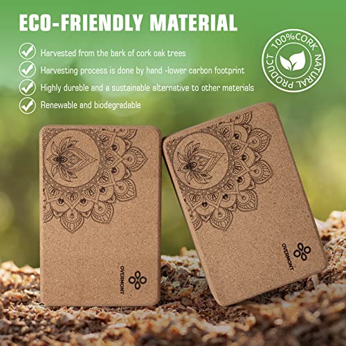 Overmont Cork Yoga Blocks 2 pack with 8ft Strap Natural Cork Bricks | High Density & Eco Friendly Yoga Accessories for Women - Ideal for Yoga Pilates General Fitness and Stretching 9x6x3''