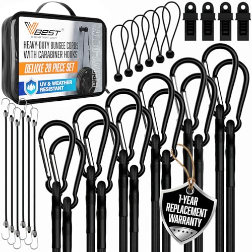 Strong Black Bungee Cords, Heavy Duty Outdoor - UV & Weather Resistant, 28-Piece Assorted Sizes Set with Carabiner Hooks in Storage Bag - size: 28 Piece Black Assorted Sizes Set