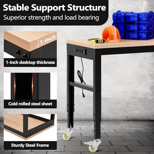 Antifir 60” Adjustable Workbench，Heavy Duty Wood Work Bench 2000 Lbs Load Capacity,Work Table with Power Outlet and Wheels for Garage, Workshop, Office, Home - size: 60x24" With Wheel
