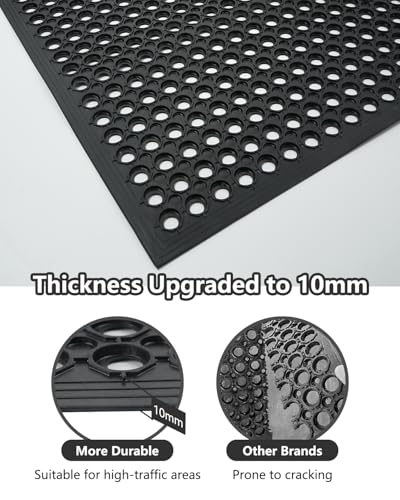 【10mm Extra Thick】36"x60" Heavy Duty Non-Slip Outdoor Rubber Door Mat with Drainage Holes, Large Rubber Mats for Bar, Garage, Kitchen, Waterproof Black Shop Matt, Fast Drying Restaurant Floor Mat - size: 3' x 5' (Rectangular)