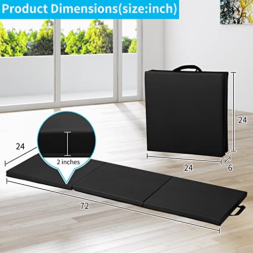 BLKMTY Gymnastics Mats - 2'x6' Folding Exercise & Yoga Mat with Carrying Handles for Kids' Tumbling & Home Gym - color: Black