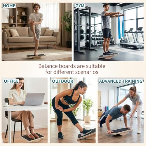 Thenshop Balance Board Trainer Set with Resistance Bands for Adults Wooden Wobble Board for Core Strength, Stability & Balance Training, Includes 3 TPE Exercise Bands
