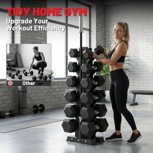 Hex Dumbbell Sets with Rack, 85-560lb Dumbbell Weight Set & Storage Rack | PAPABABE Dumbbell Set with Stand, Rubber Dumbbell Weight Set, Multiple Options Hand Weight for Strength Training - size: 1 X 6-Tier A-Frame with T Bar Row