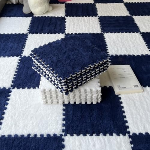 12Pcs Plush Foam Floor Mat,Plush Interlocking Carpet Tiles,Anti-Slip Square Puzzle Floor Mat,EVA Foam Area Rugs for Bedroom Playroom (White+Navy) - color: White+navy