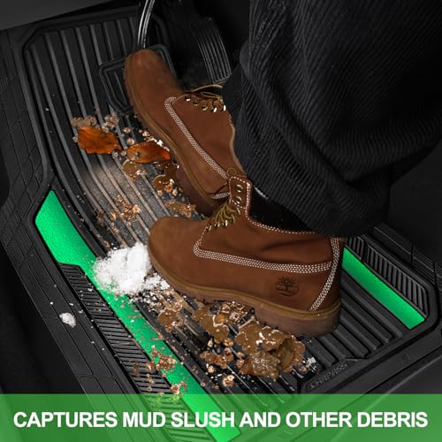 CAR PASS Heavy Duty Rubber Car Mats Metallic,Aluminum Film All Weather Floor Mats Waterproof Universal Trim to Fit SUVs Sedans Vans 4 Piece Anodized Deep Dish Two-Tone Sporty Black Green Chrome - color: Black Green