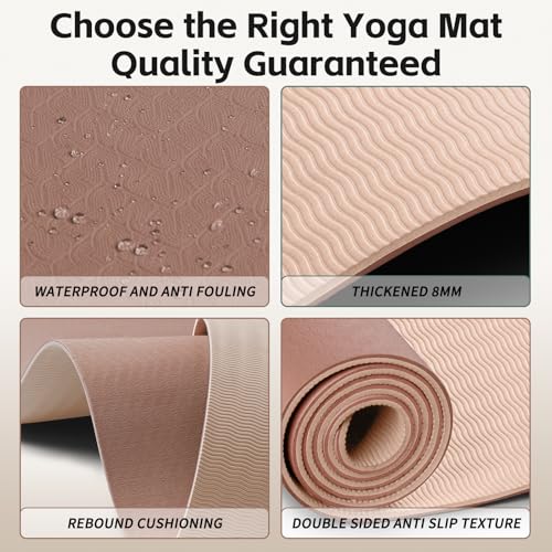 PAIDU Yoga Mat 8mm TPE Non‑Slip Fitness Mat with Strap for Home Workouts | SGS Certified, Odorless, Tear‑Resistant, Unisex, for Yoga, Pilates, Meditation, Home & Gym Workouts - color: Brown&Apricot