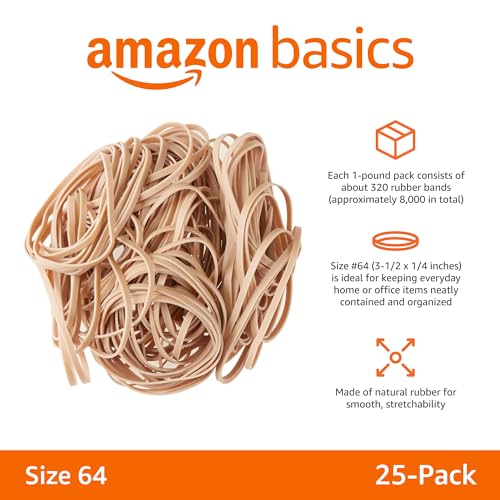 Amazon Basics Rubber Bands, Office Supplies, Size 64 (3-1/2 x 1/4 Inch), 320 Bands/1 lb Pack, 25-Pack, Tan - size: Size 64, style: 25-Pack