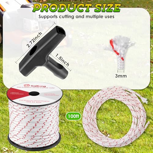 Saillong 3mm 100ft Starter Rope, Pull Cord Rope for Small Engine with 2 Starter Handle, Wear Resistant, Low Stretch, Replacement for Lawn Mower Chainsaw Trimmer Edger Brush Cutter (White & Red) - color: White & Red, size: 3mm