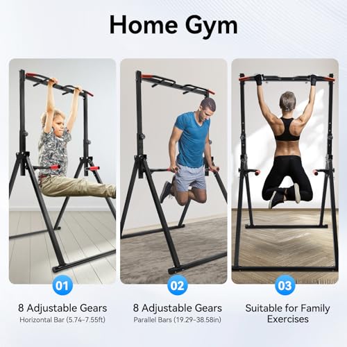 Foldable Pull Up Bar Stand, 440Lbs Free Standing Power Tower with Adjustable Height & Stable Triangular Structure Pull Up Dip Station Gym Strength Training Equipment for Living Room Bedroom Gym Etc