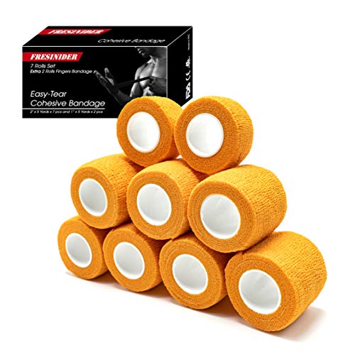FRESINIDER 9 Rolls Self Adhesive Wrap Athletic Tape Gauze, Breathable Elastic Cohesive Bandage for Sports Injury & Pet (7 Pcs 2" x 5 Yards + 2 Pcs 1" X 5 Yards) (Orange) - color: Orange