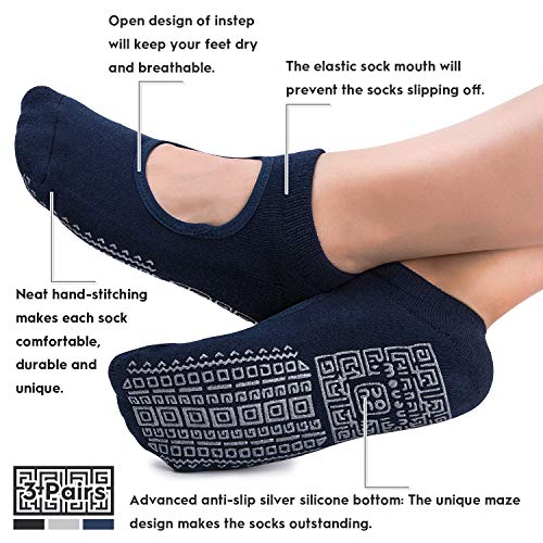unenow Non Slip Grip Yoga Socks for Women with Cushion for Pilates, Barre, Home - color: 3 Pairs-black/Navy/Grey