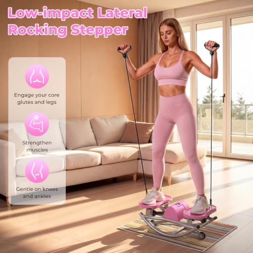 Rock Stepper, Side to Side Stepper for Exercise at Home, Low-Impact 3D Rocking Stepper Machine with Resistance Bands & Non-Slip Mat, Side Stepper for Full Body Workout, 250 LBS Capacity - color: PINK