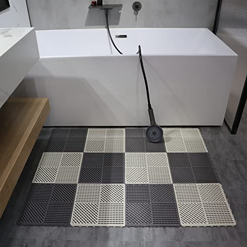9 Pack Interlocking Drainage Tiles Double Non-Slip Tiles Mat with Drain Holes for Pool, Bathroom, Shower, Pantry, Patio, Boat, Pet Area, 12" L×12" W×0.4" Th Gray - color: Grey, size: 9 Pack (12"L x 12"W x 0.4"Th)